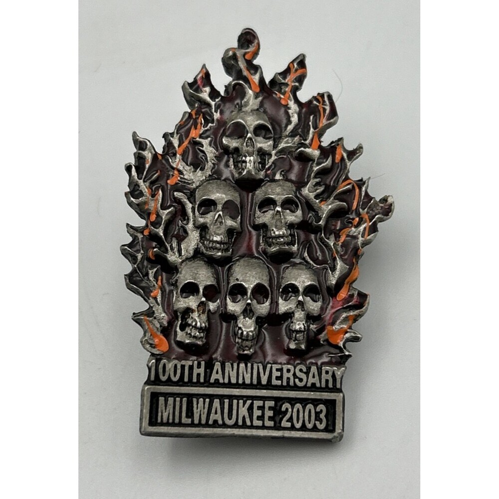 Vintage 2003 100th Anniv. Milwaukee Pewter Group Skulls Pin - Harley Davidson